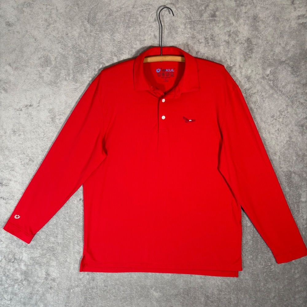IBKUL Mens Red Long Sleeve UPF 50+ Performance Polo Shirt Large‎ Eagle Logo